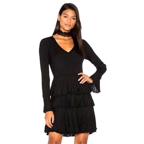 Diane Von Furstenberg Dress Sharlynn Black Knit Wool Blend Tiered Ruffle V Neck - Picture 1 of 12